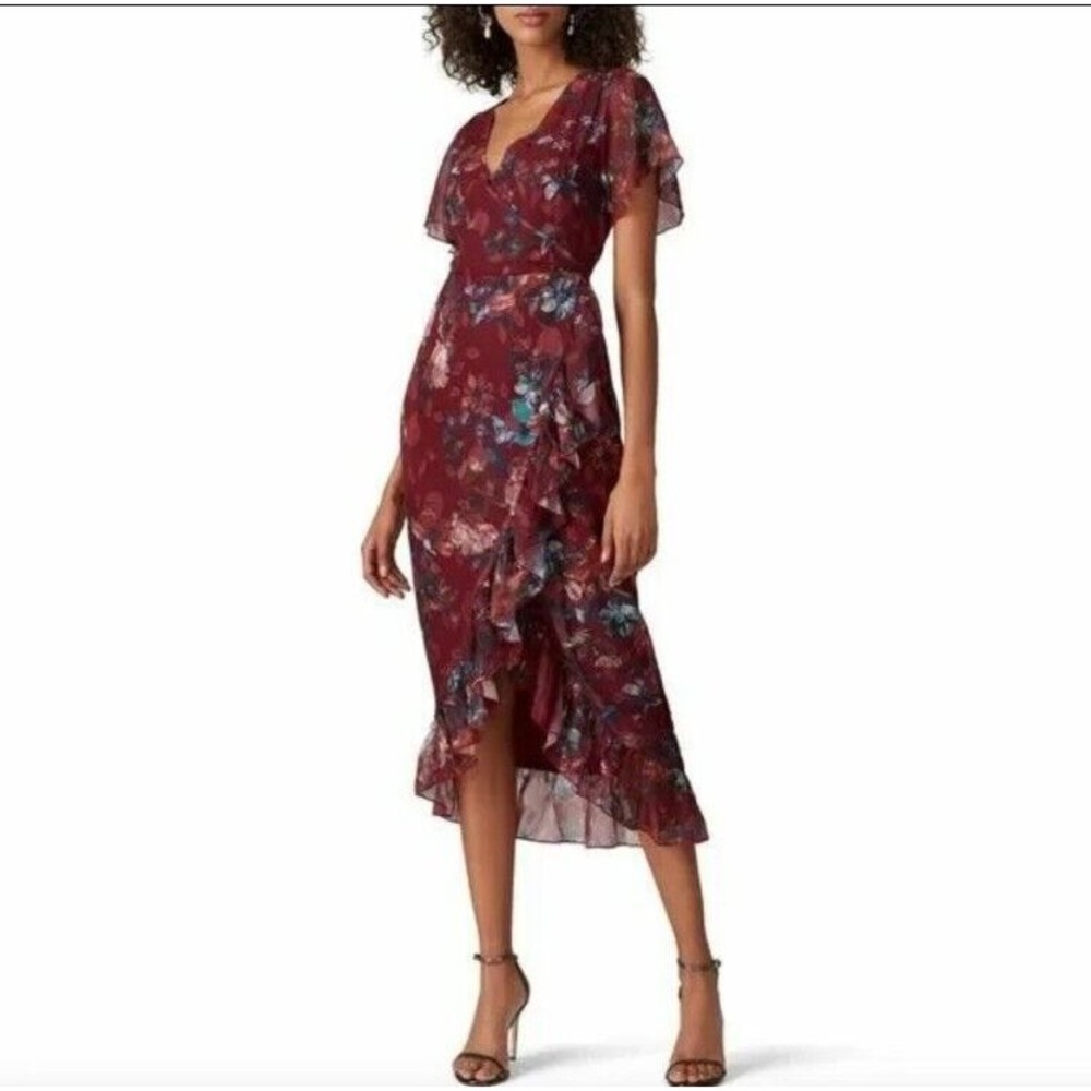Anthropologie Vone Red Floral Mireya Midi Dress Size 6 Short Sleeve Ruffle EUC